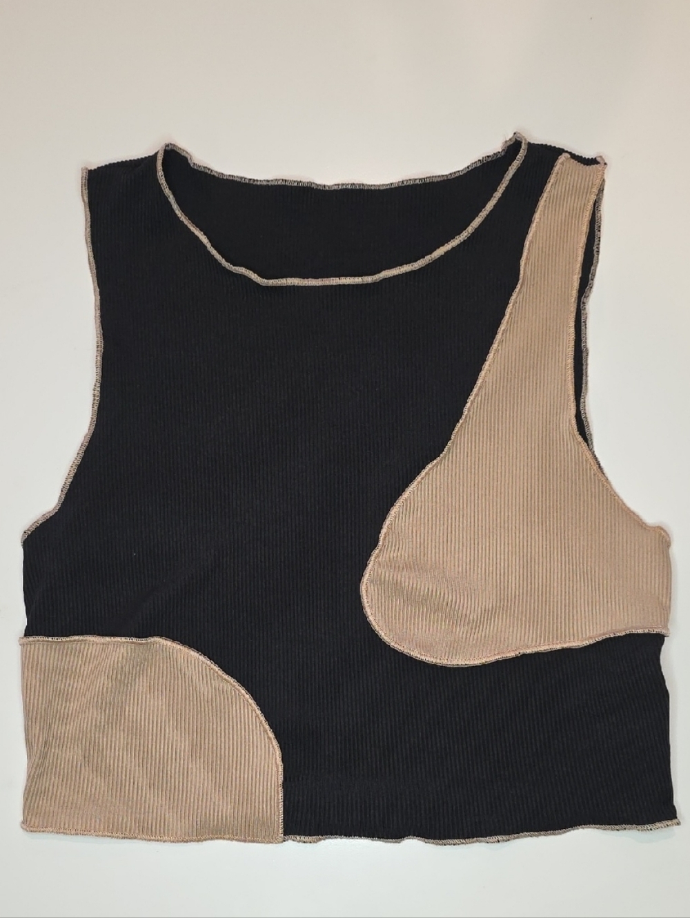 Women’s Black & Tan Patchwork Ribbed Tank Top